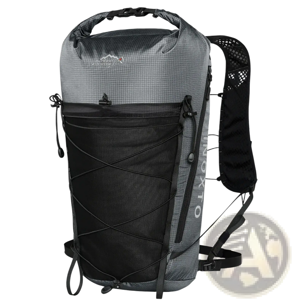 Gray and black waterproof hiking backpack with grid-patterned upper section, mesh side panels, and adjustable straps