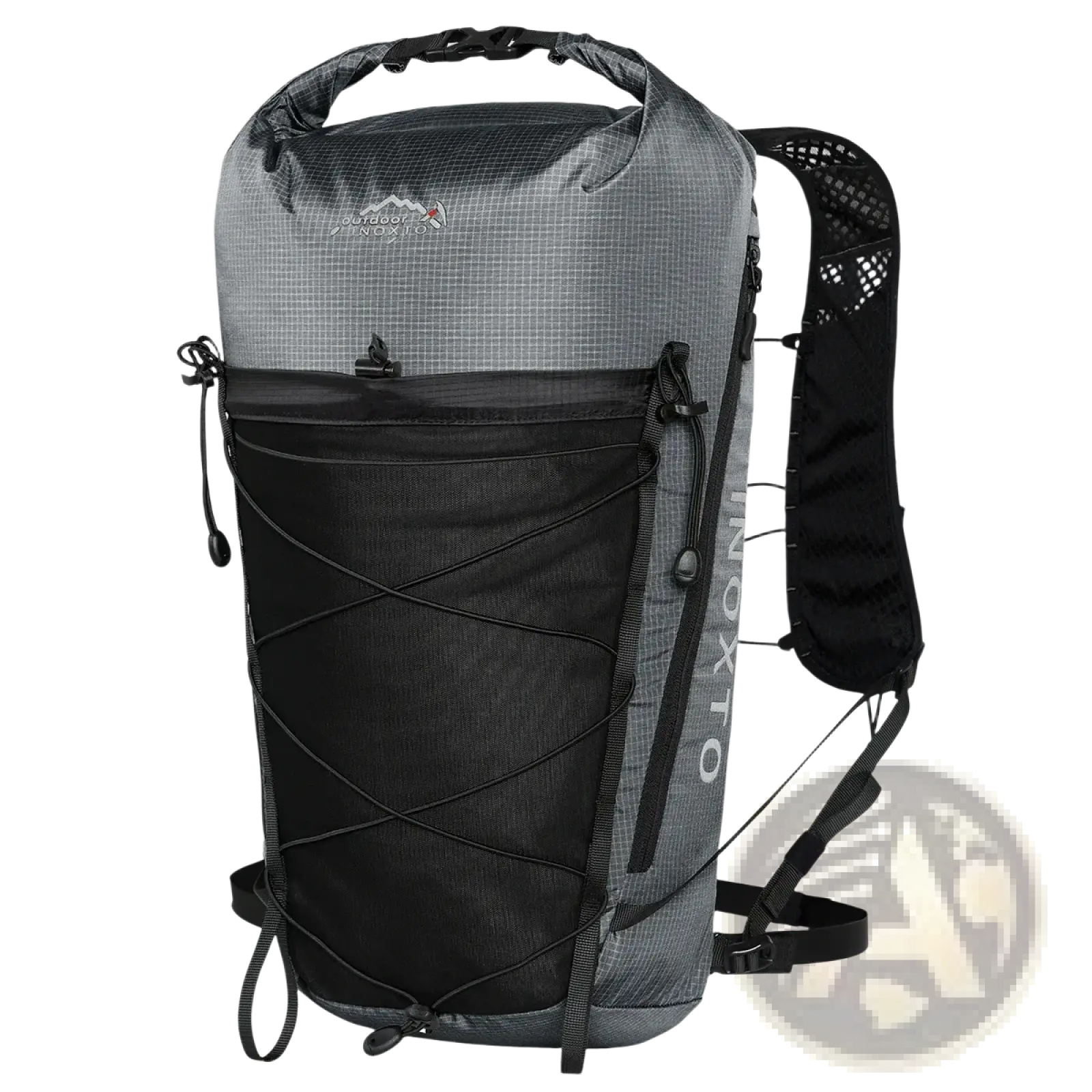 Gray and black waterproof hiking backpack with grid-patterned upper section, mesh side panels, and adjustable straps