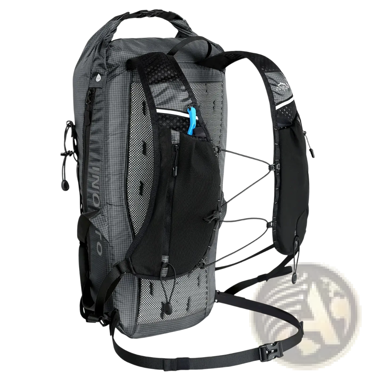 Gray and black mesh waterproof hiking backpack with adjustable straps and blue water bottle tube for lightweight travel