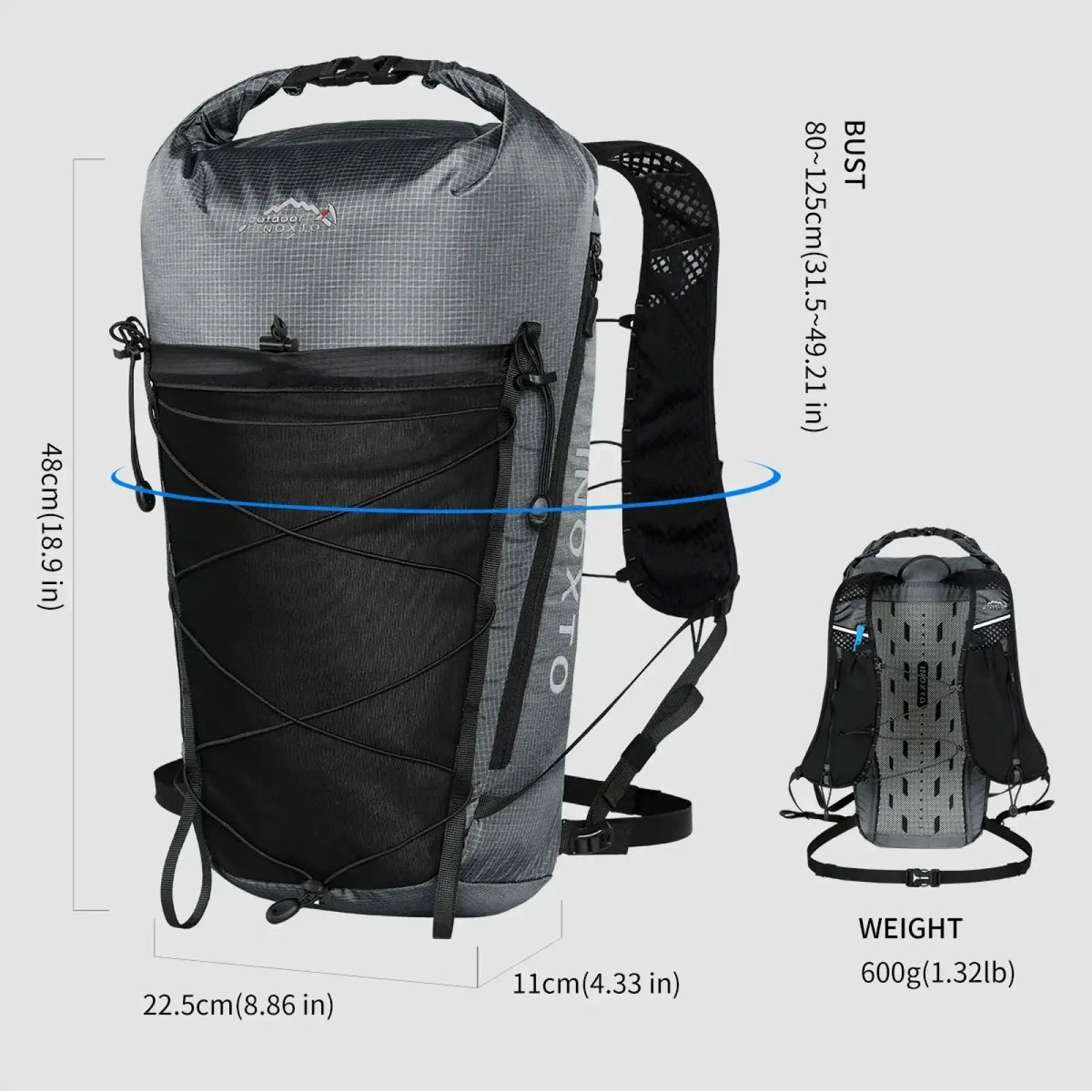 Gray and black waterproof hiking backpack with mesh side panels, adjustable straps, and roll-top closure for travel