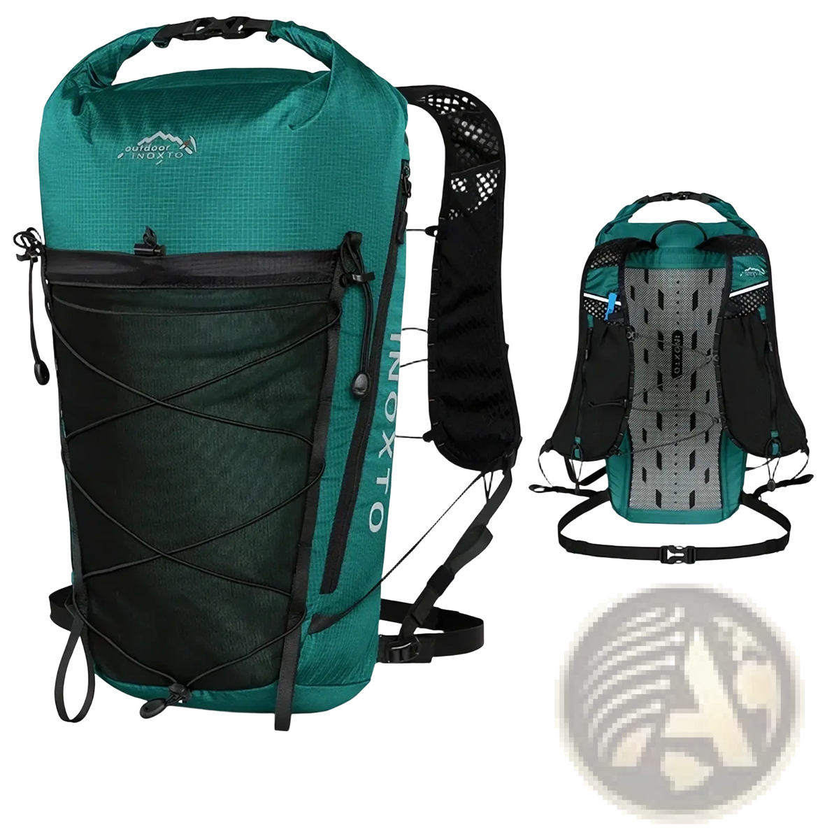 Image of the back side of a teal and black waterproof hiking backpack with mesh panel and adjustable straps