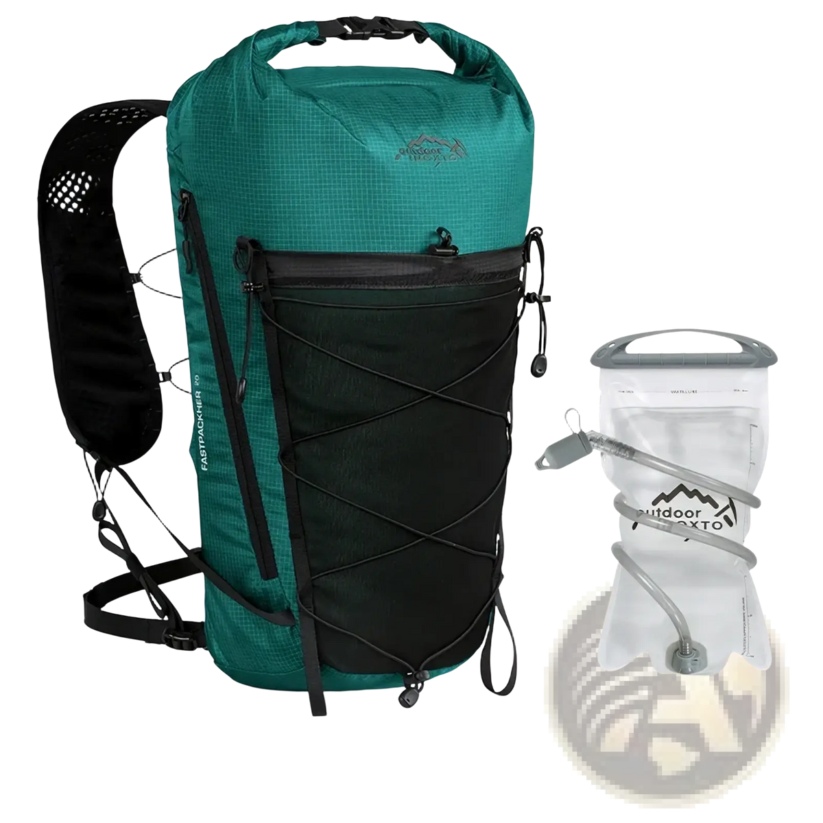 Teal and black waterproof hiking backpack with mesh back panel fastpacker 30 model for lightweight travel use