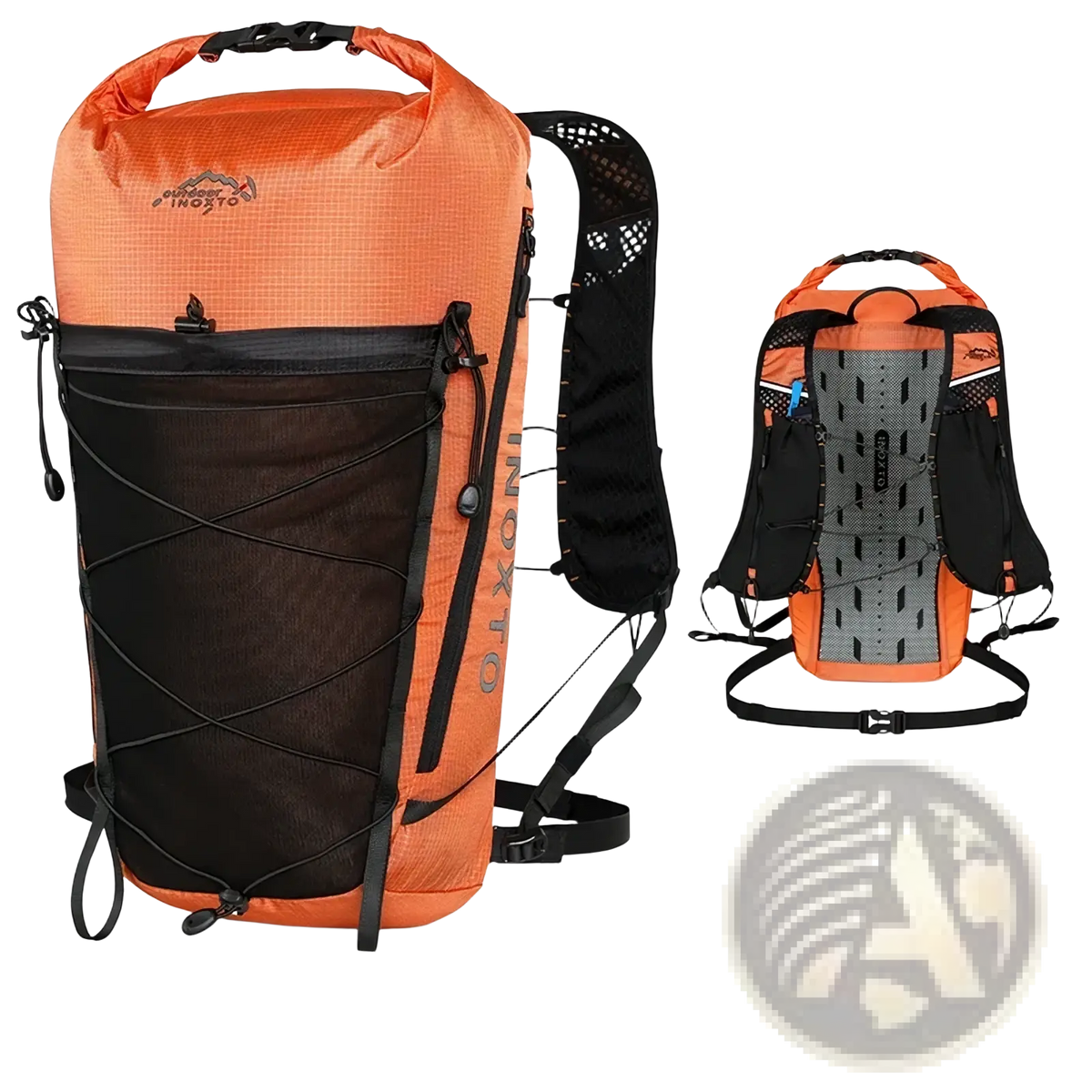 Waterproof hiking backpack in orange and black with roll-top closure, mesh side pockets, and adjustable straps
