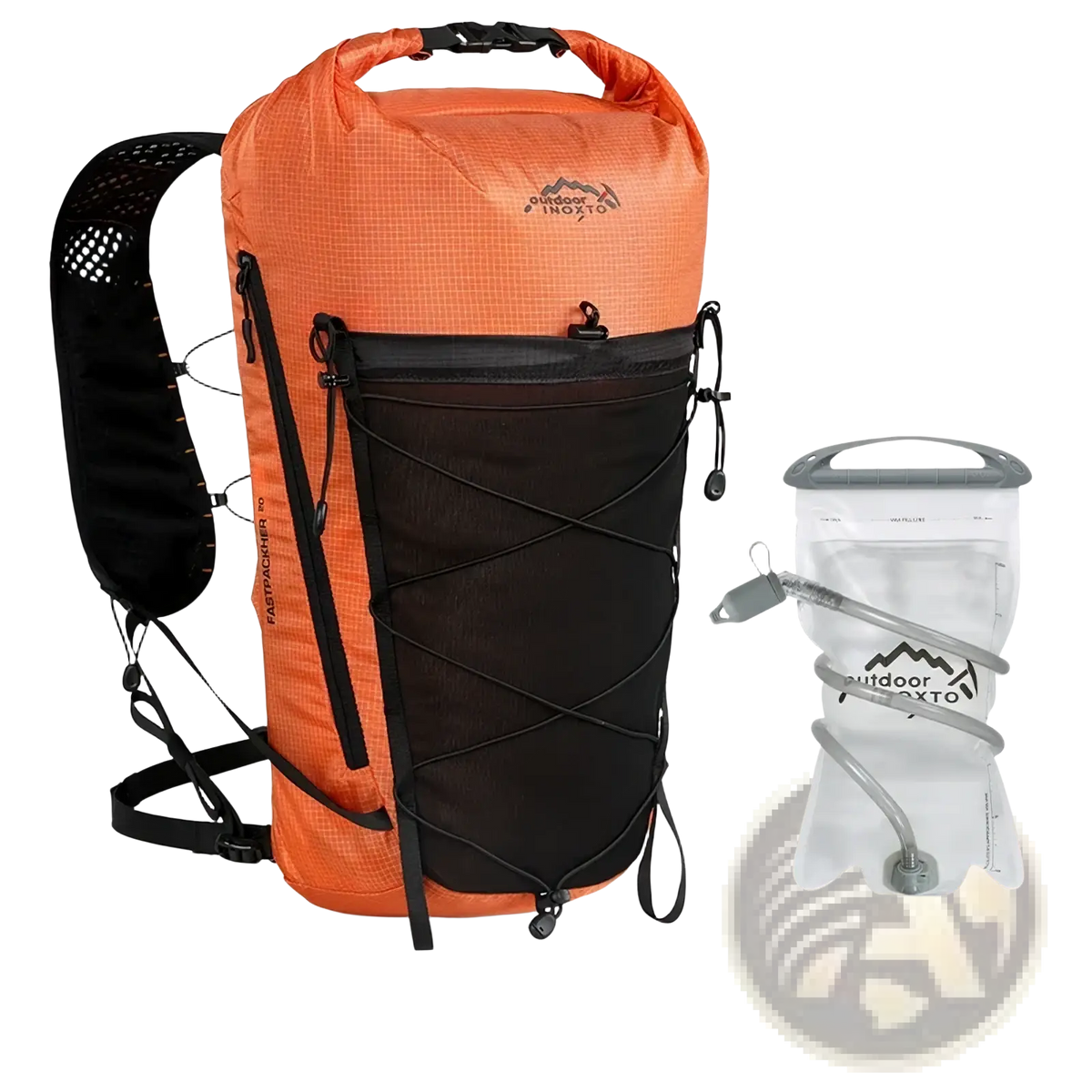 Waterproof hiking backpack lightweight travel rucksack in orange and black with mesh side panel and outdoor inoxto logo