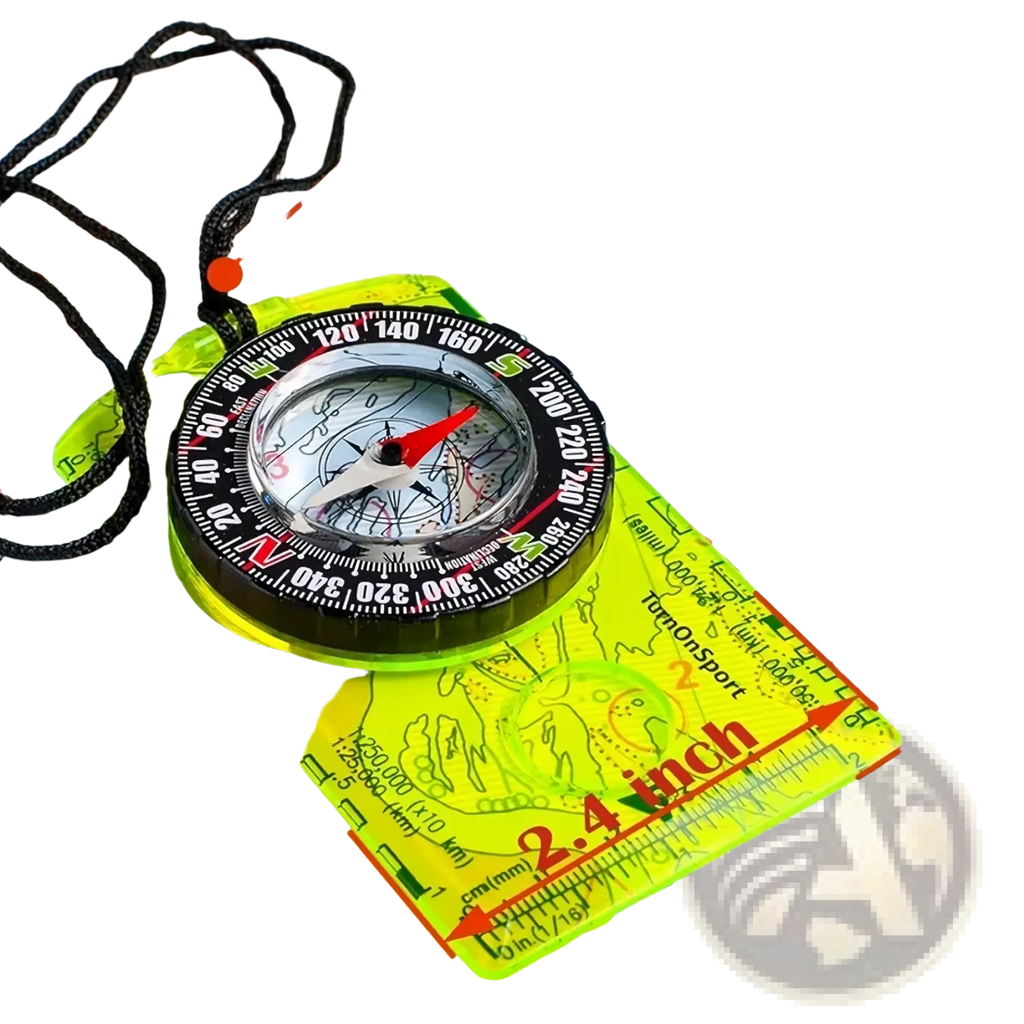 Vibrant lime green transparent plastic waterproof hiking compass with black and red markings for survival navigation