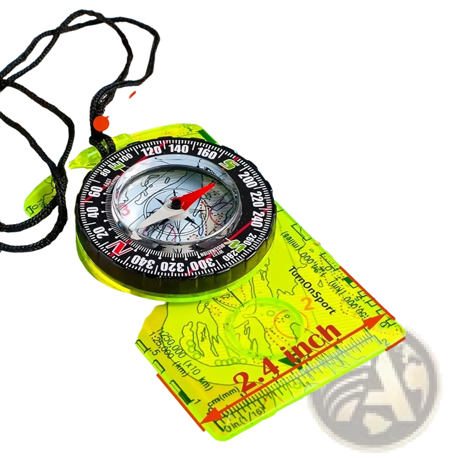 Vibrant lime green transparent plastic waterproof hiking compass with black and red markings for survival navigation