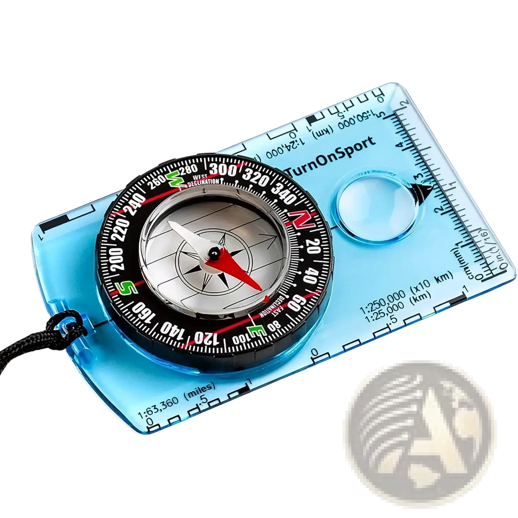 Waterproof hiking compass baseplate tool in blue transparent plastic with black and red markings and integrated ruler