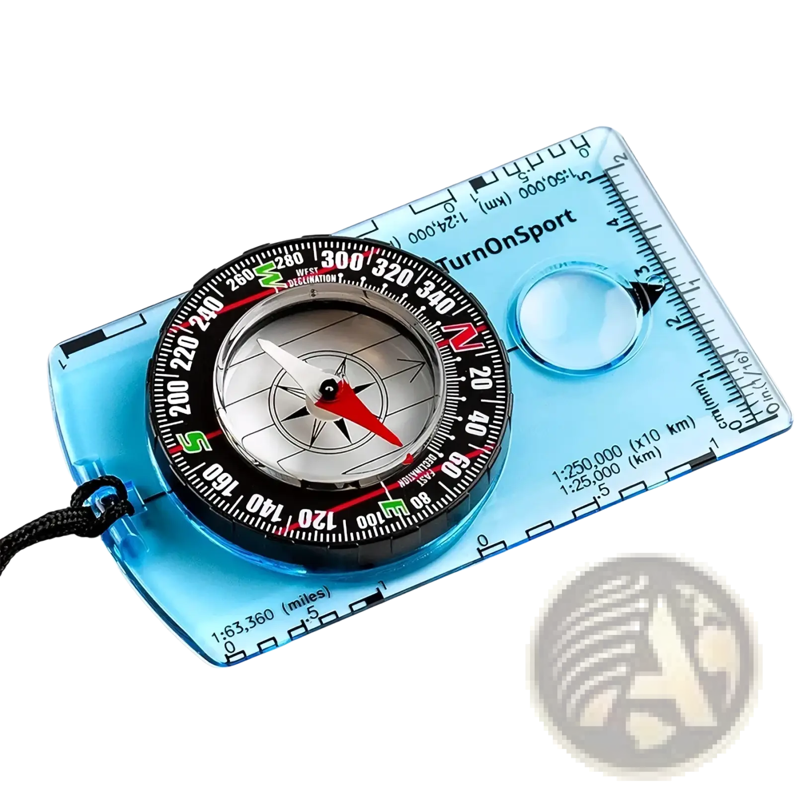 Waterproof hiking compass baseplate tool in blue transparent plastic with black and red markings and integrated ruler