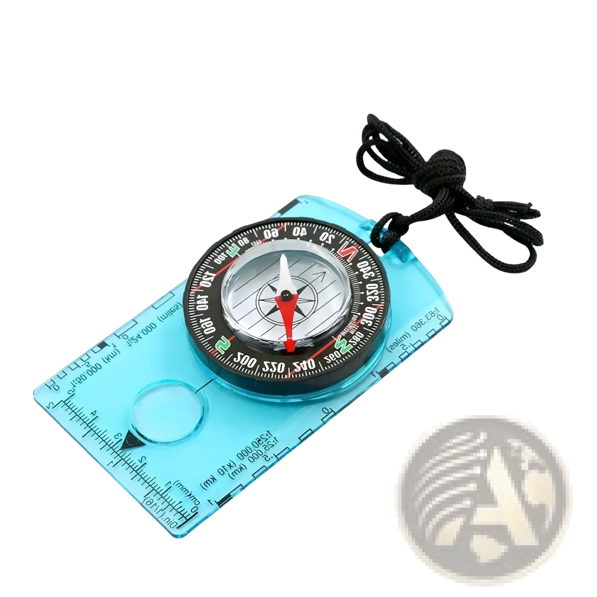 Waterproof hiking compass survival baseplate tool made of transparent blue plastic with black and red markings and black cord