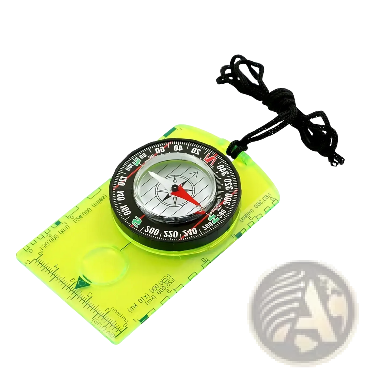 Bright green translucent plastic waterproof hiking compass with black dial red needle and built-in ruler grid for navigation