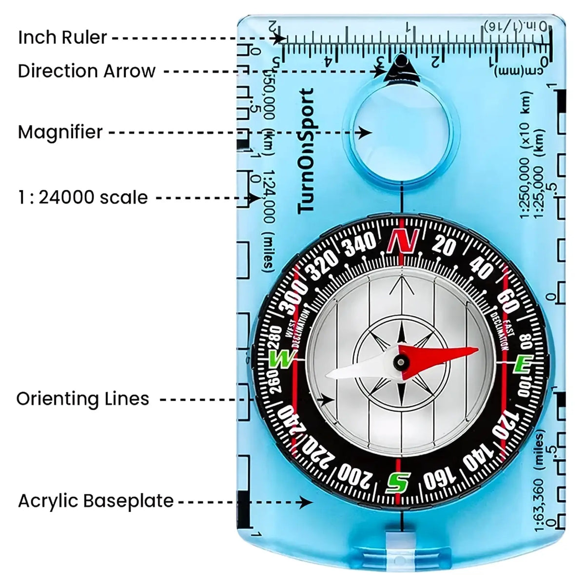 Waterproof hiking compass with light blue translucent acrylic baseplate red needle and black dial marked in miles and kilometers