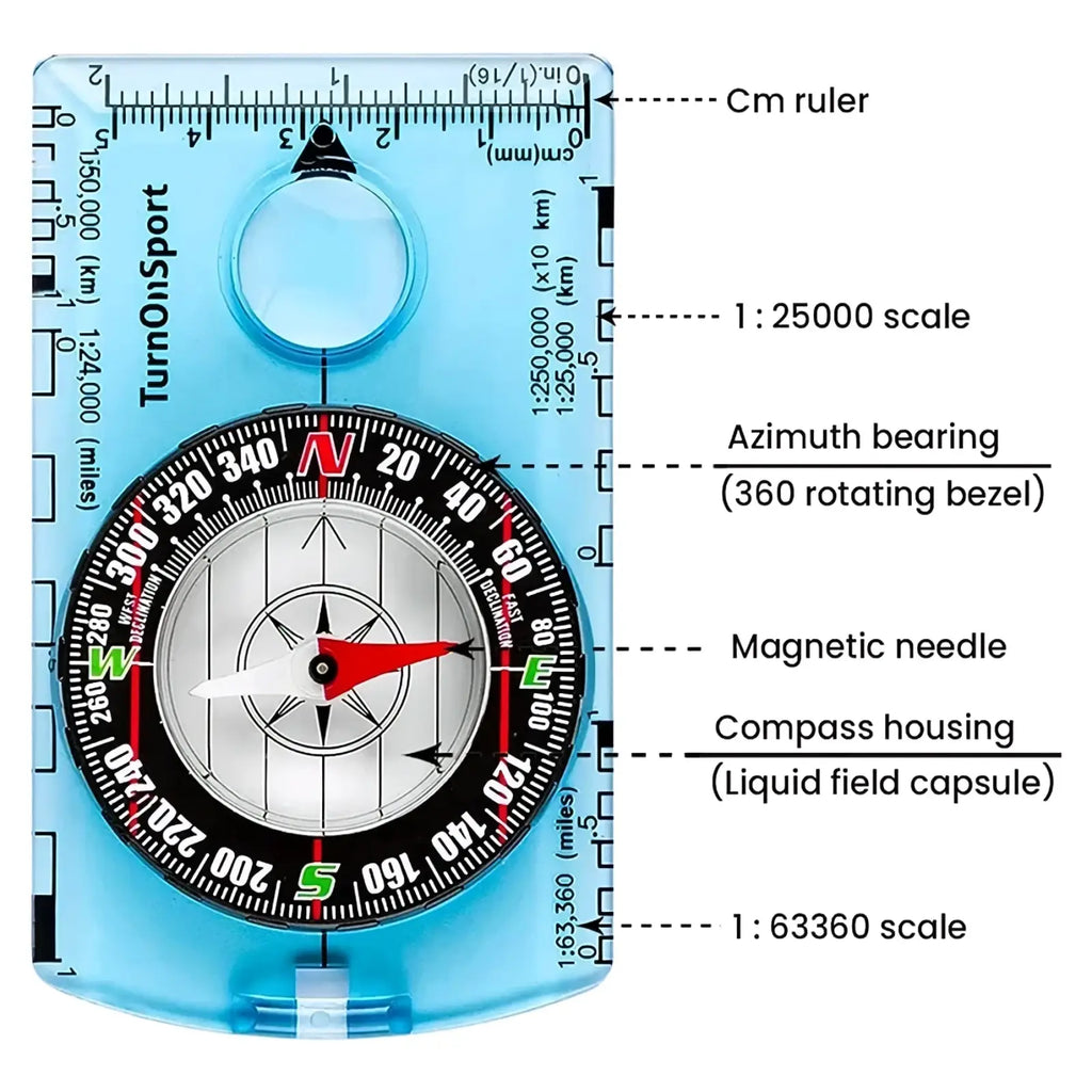 Light blue waterproof hiking compass with plastic baseplate, rotating bezel, magnetic liquid needle, and integrated cm ruler