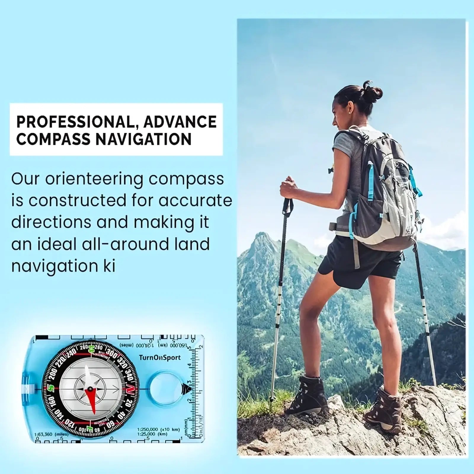 Light blue plastic waterproof hiking compass with silver dial and red needle by Turnonsport for survival navigation