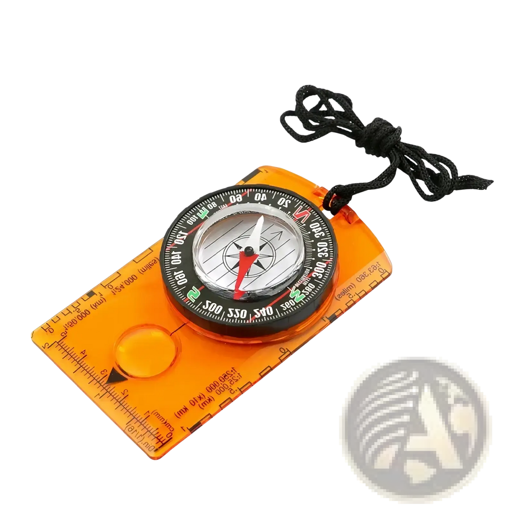 Orange transparent plastic waterproof hiking compass with black cord and circular dial for survival navigation