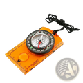Orange transparent plastic waterproof hiking compass with black cord and circular dial for survival navigation