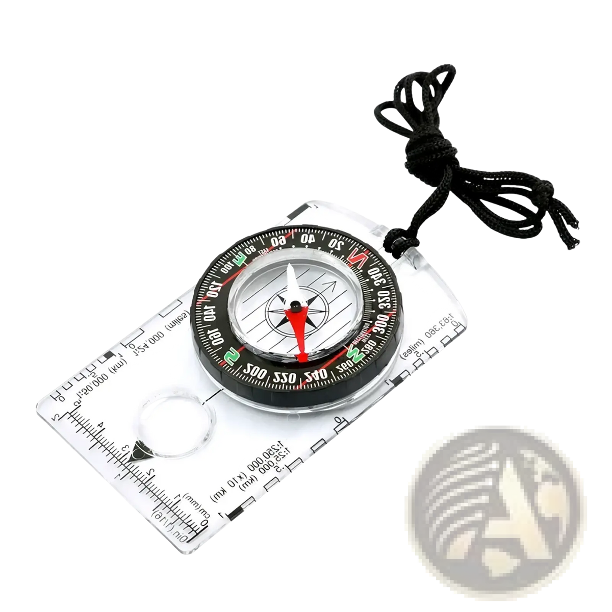 Transparent plastic waterproof hiking compass with black and red markings and a clear ruler grid baseplate tool