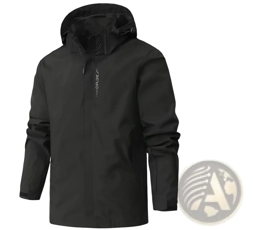 Black waterproof hooded hiking jacket with subtle vertical branding on left chest for men windbreaker use