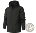 Black waterproof hooded hiking jacket with subtle vertical branding on left chest for men windbreaker use