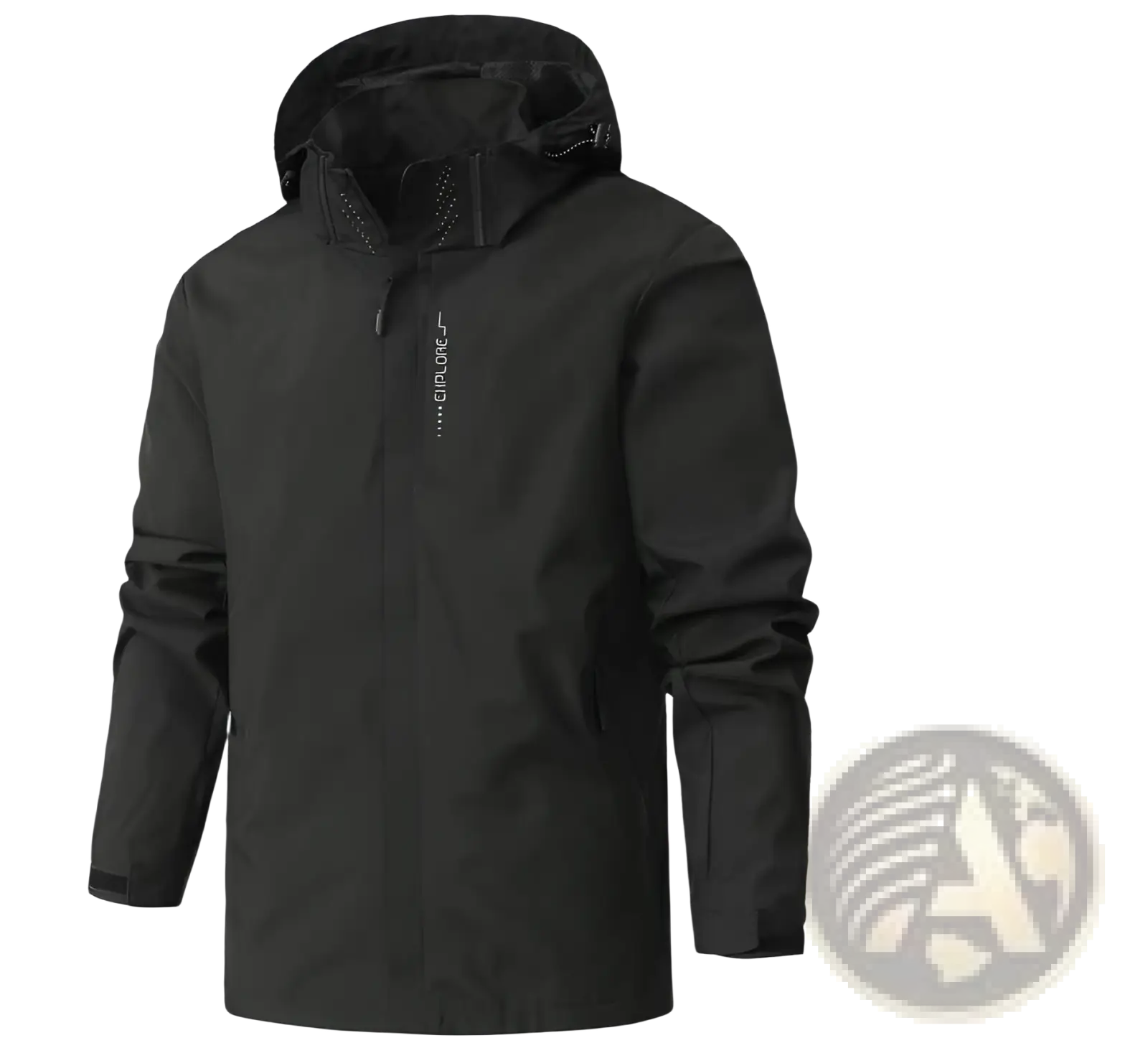 Black waterproof hooded hiking jacket with subtle vertical branding on left chest for men windbreaker use