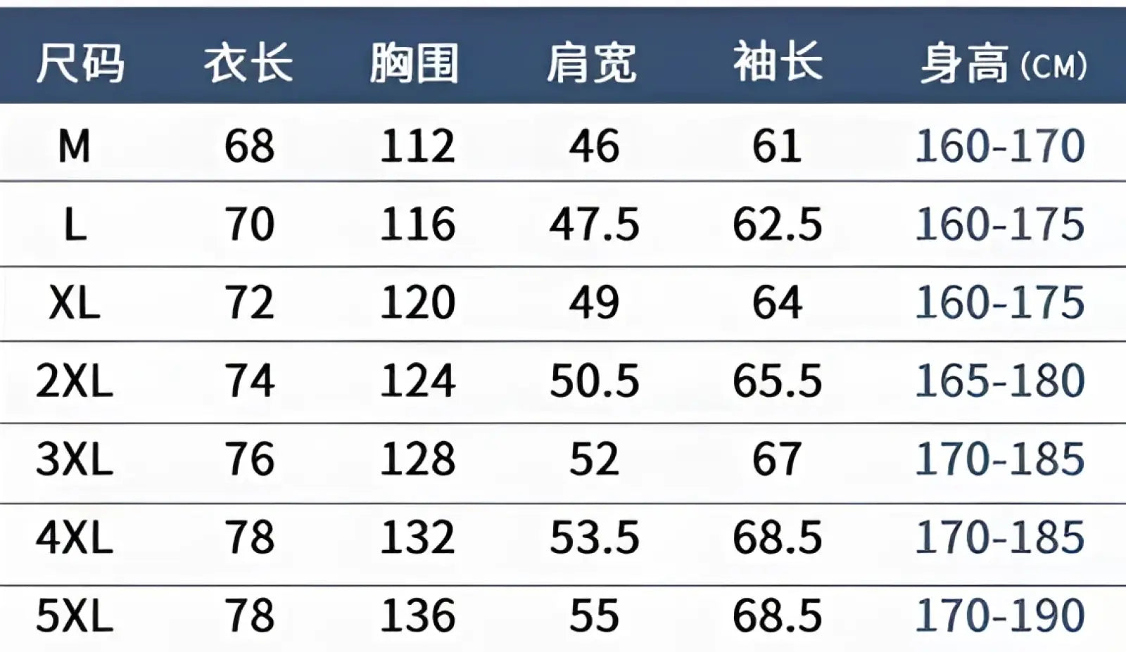 Size chart in centimeters for waterproof hiking jacket men hooded windbreaker showing various clothing sizes