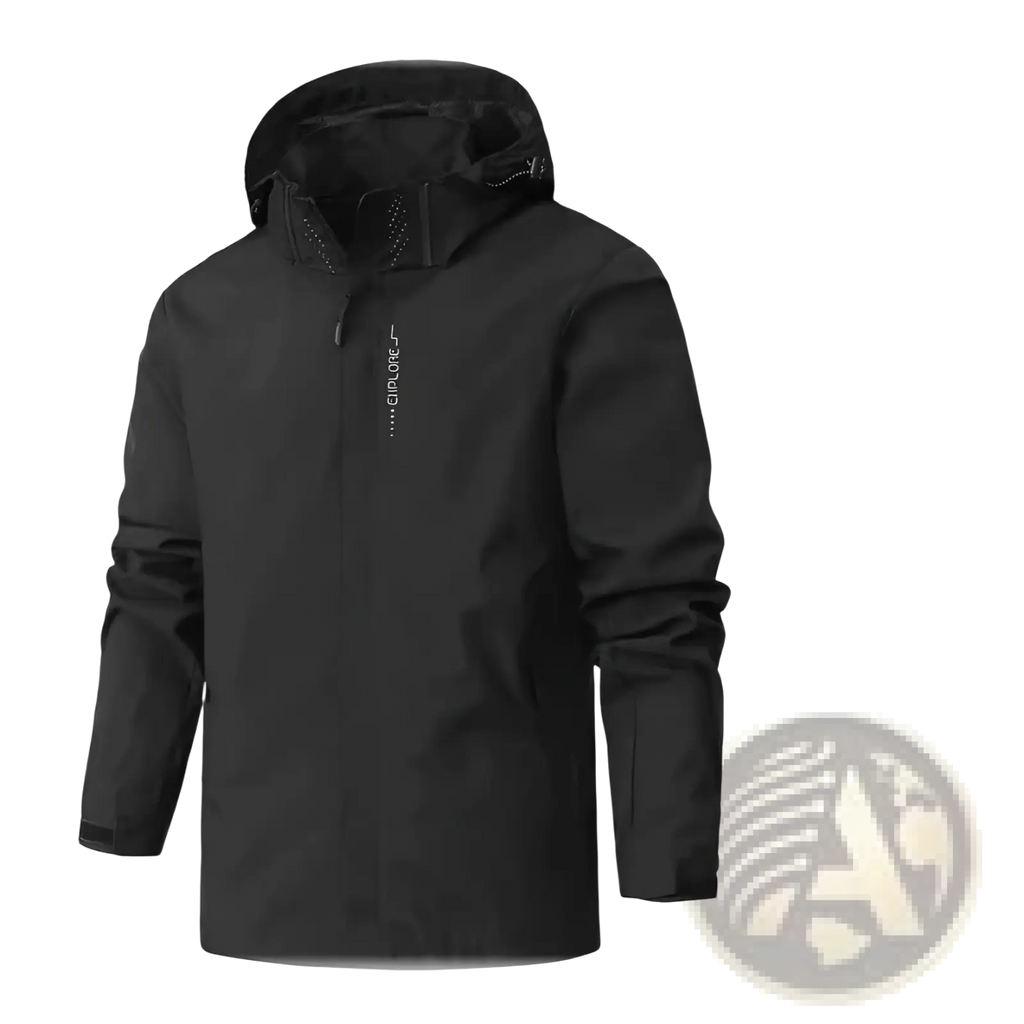 Black waterproof hiking jacket men hooded windbreaker with hood and subtle brand logo on the chest
