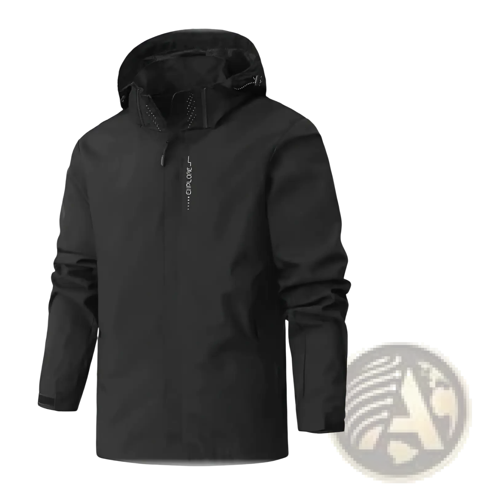Black waterproof hiking jacket men hooded windbreaker with hood and subtle brand logo on the chest