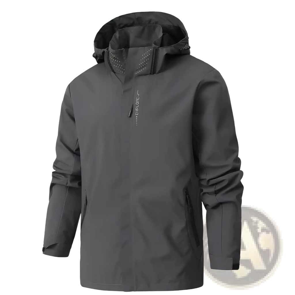 Dark gray waterproof hiking jacket men hooded windbreaker with hood and subtle explore branding on zipper pull