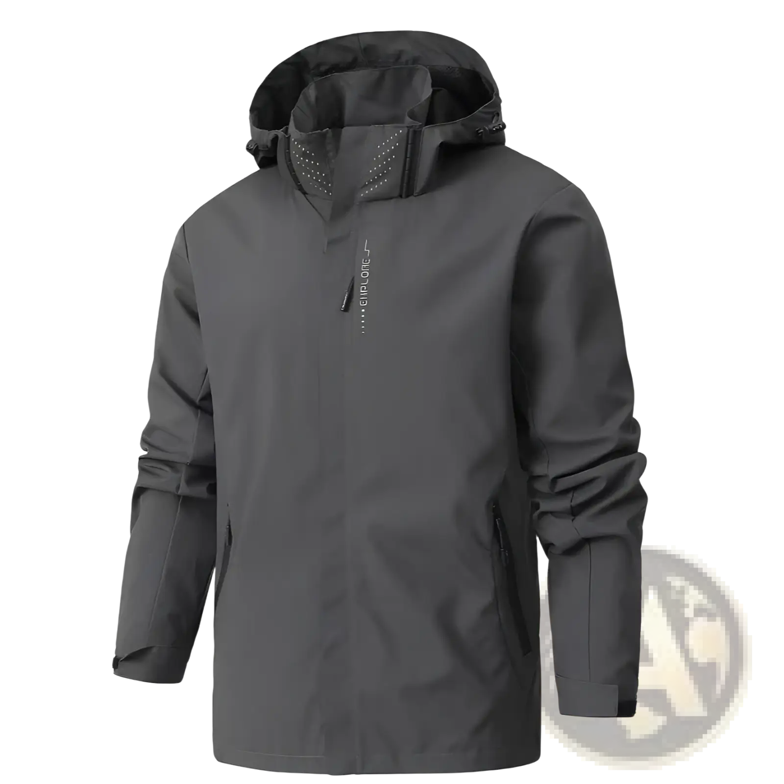 Dark gray waterproof hiking jacket men hooded windbreaker with hood and subtle explore branding on zipper pull