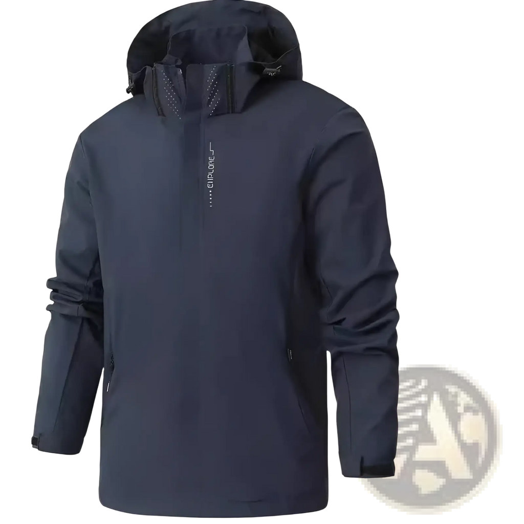 Dark navy blue waterproof hiking jacket for men with a hood and subtle brand logo on the chest