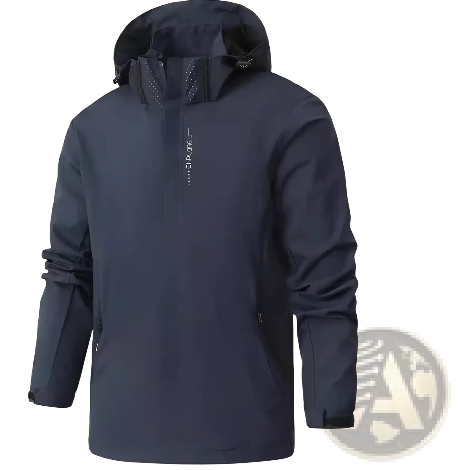 Dark navy blue waterproof hiking jacket for men with a hood and subtle brand logo on the chest
