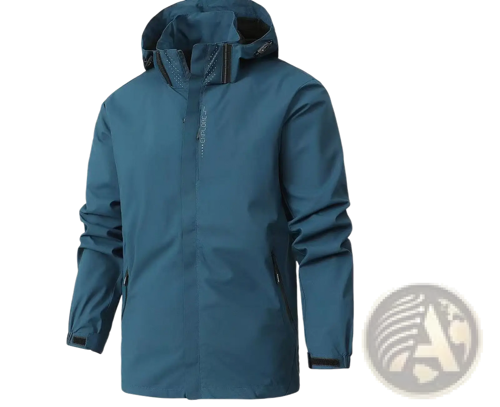 Teal waterproof hiking jacket for men with hood and zippered pockets designed as a windbreaker for outdoor use