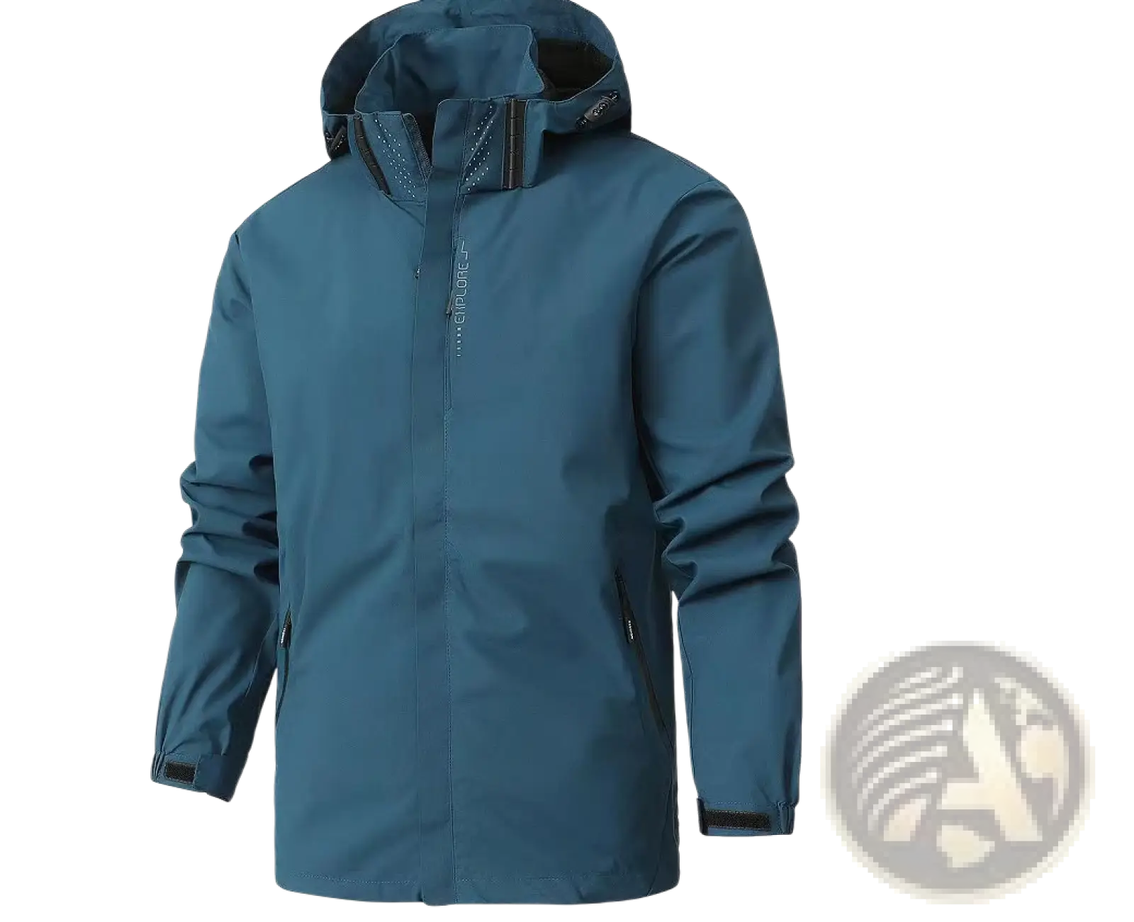 Teal waterproof hiking jacket for men with hood and zippered pockets designed as a windbreaker for outdoor use