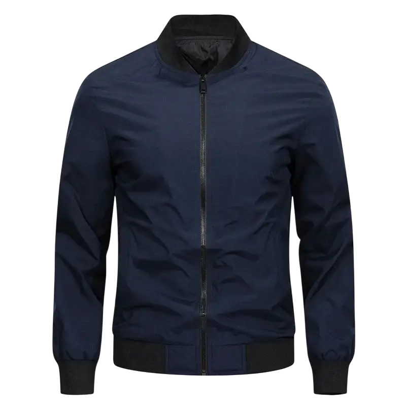 Navy blue windbreaker waterproof hiking jacket for men with black ribbed collar cuffs and waistband ideal for autumn hiking