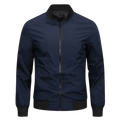 Navy blue windbreaker waterproof hiking jacket for men with black ribbed collar cuffs and waistband ideal for autumn hiking