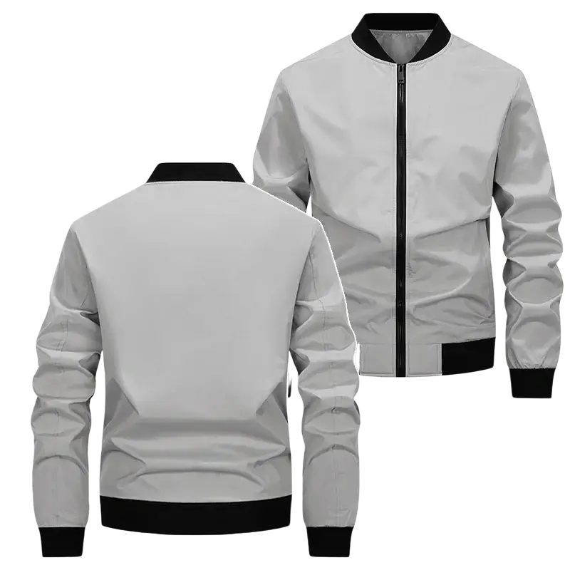 A sleek light gray waterproof hiking jacket men windbreaker with black ribbed cuffs and hem ideal for autumn hiking