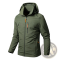 Olive green waterproof hooded hiking jacket with orange zipper pulls and detachable hood for outdoor use