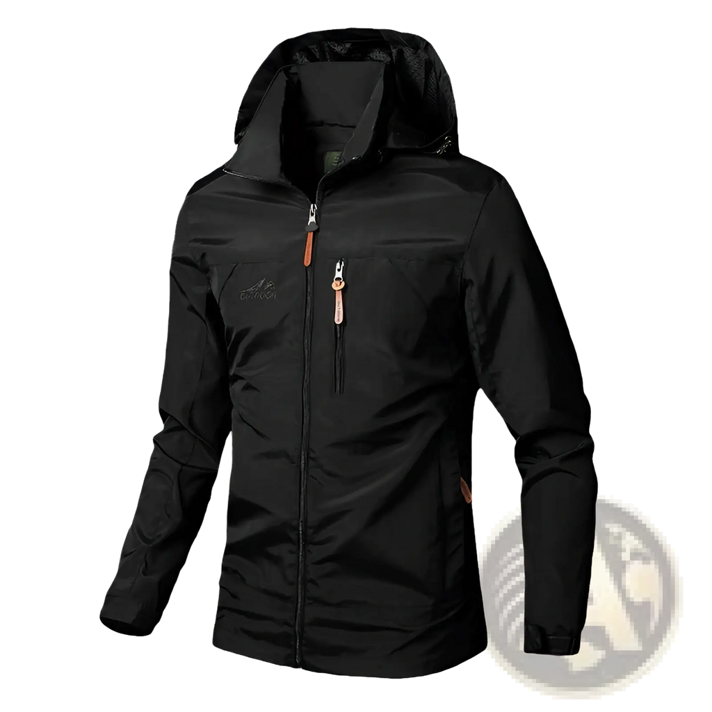 Black waterproof hooded hiking jacket with full-length zipper and subtle orange pull tabs on the zippers