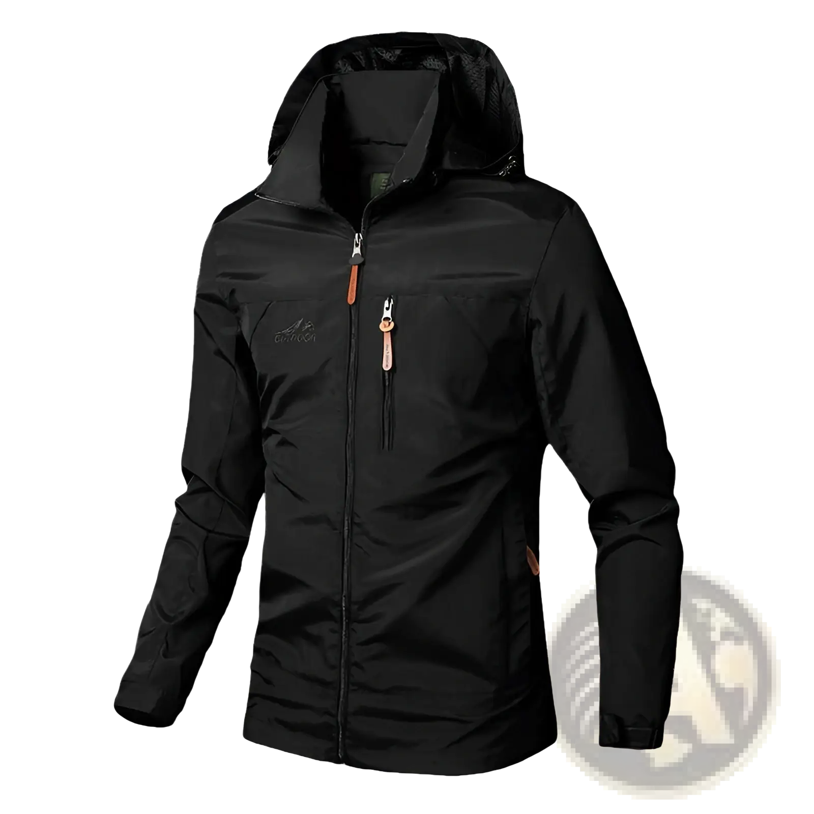 Black waterproof hooded hiking jacket with full-length zipper and subtle orange pull tabs on the zippers