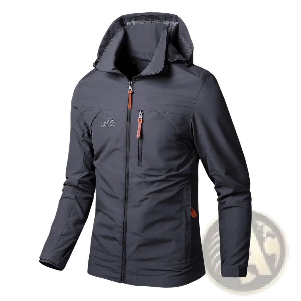 Dark gray waterproof hooded hiking jacket with orange zipper pulls and a subtle mountain logo on the chest