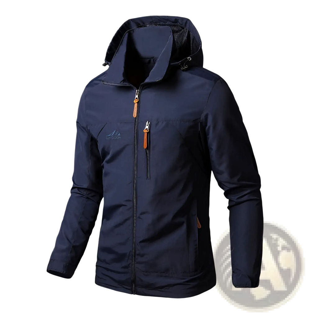 Dark navy blue waterproof hooded hiking jacket with orange zipper pulls and subtle embroidered logo on the chest