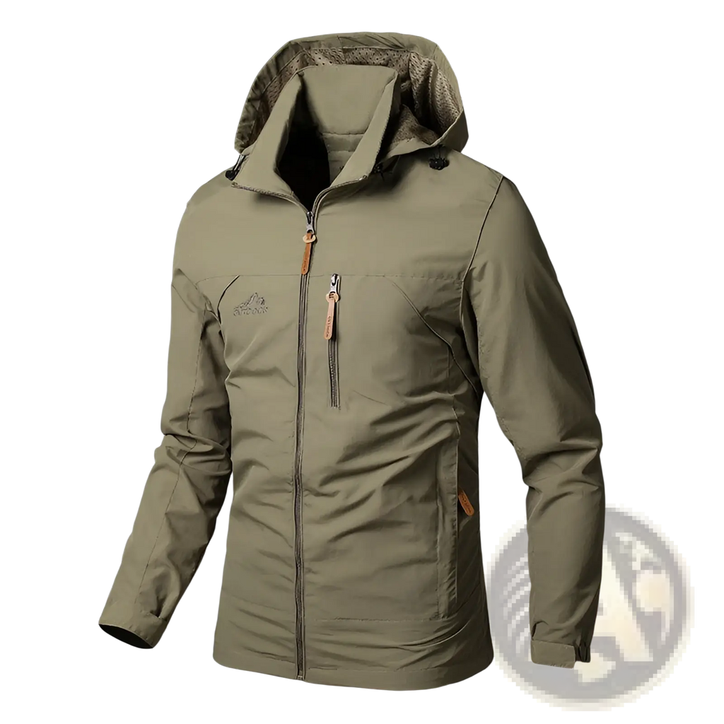 Olive green waterproof hooded hiking jacket with front zipper closure and brown leather pull tabs on zippers