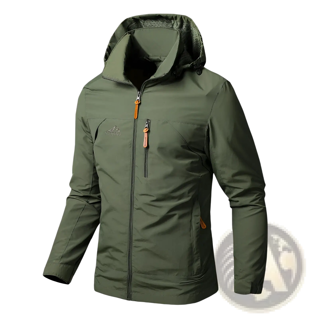Olive green waterproof hiking jacket with orange zipper pulls and detachable hood designed for outdoor use