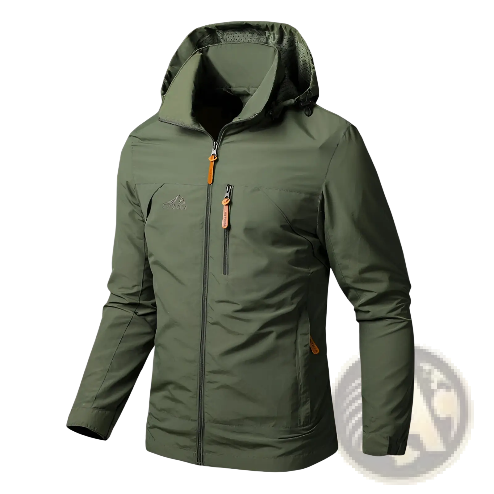 Olive green waterproof hiking jacket with orange zipper pulls and detachable hood designed for outdoor use