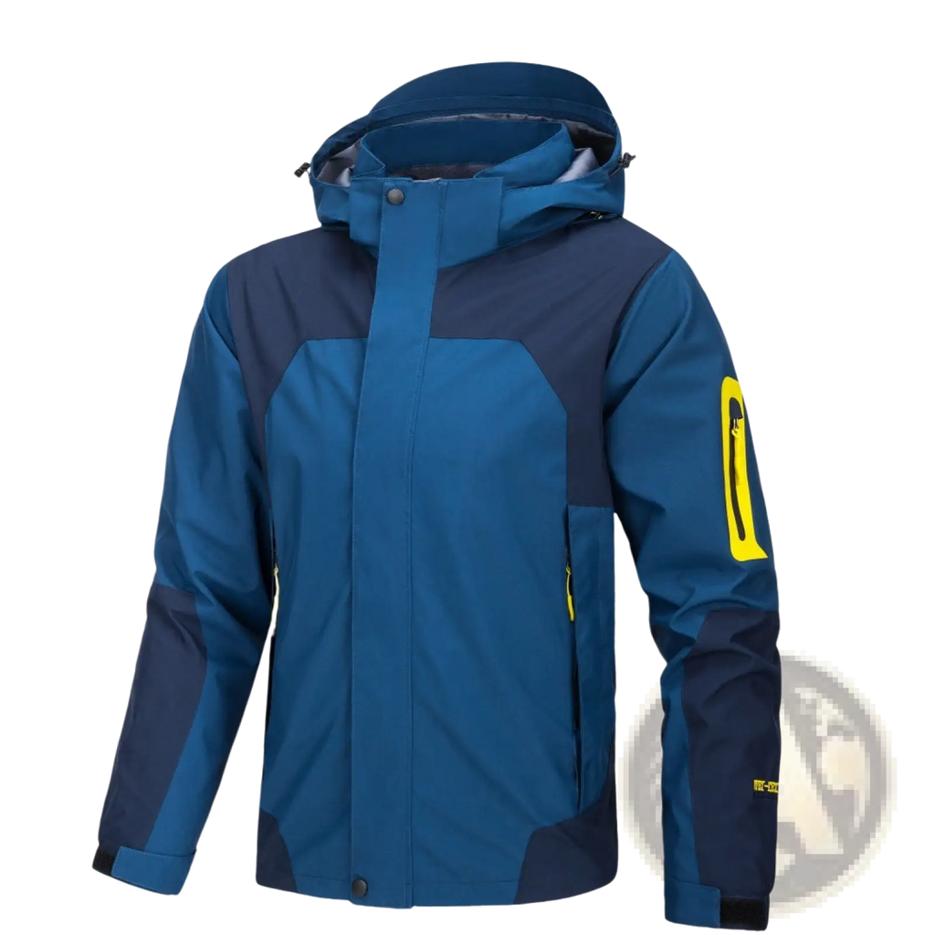Blue and navy two-tone waterproof hooded outdoor shell jacket for men and women with yellow zipper accents on sleeve