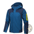 Blue and navy two-tone waterproof hooded outdoor shell jacket for men and women with yellow zipper accents on sleeve