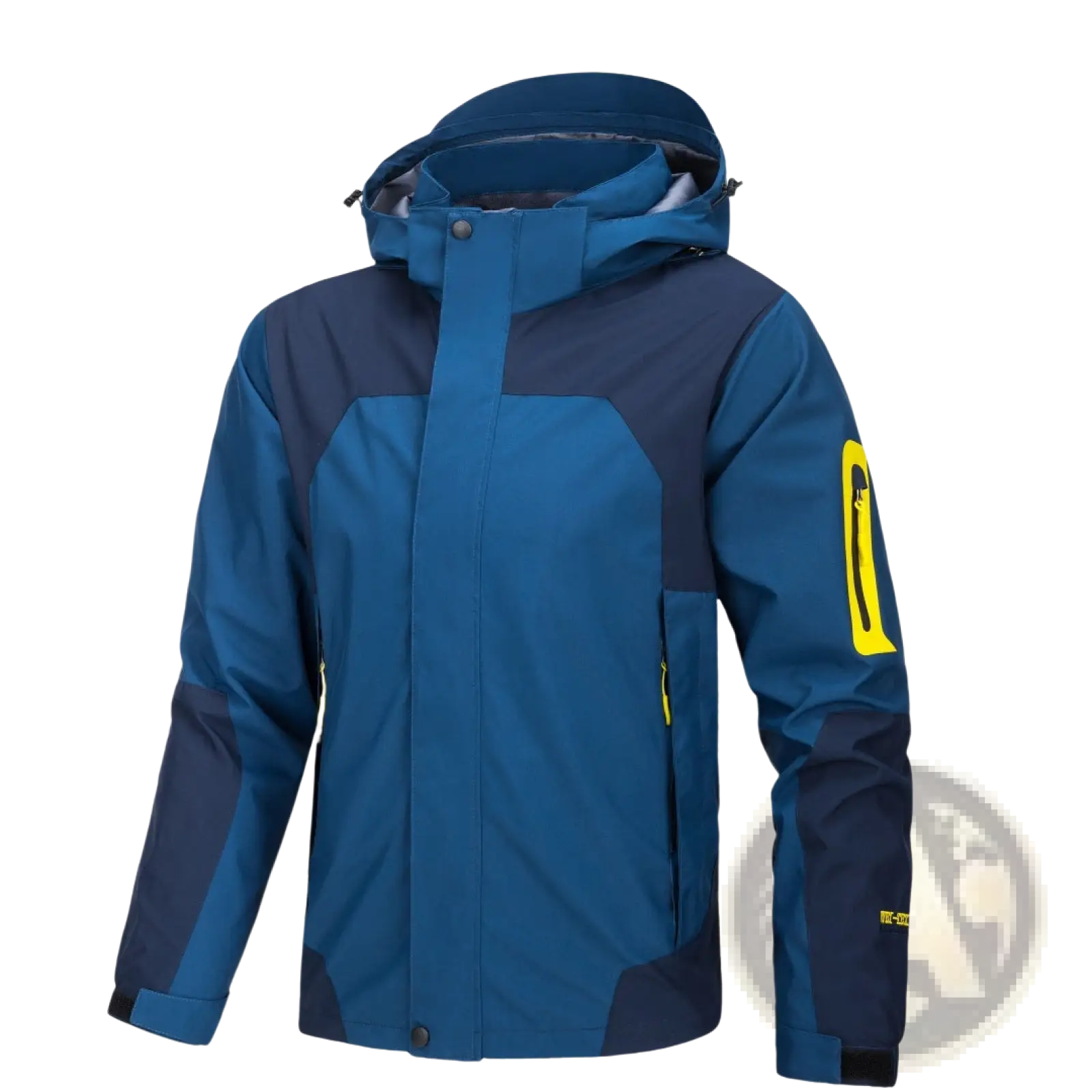 Blue and navy two-tone waterproof hooded outdoor shell jacket for men and women with yellow zipper accents on sleeve