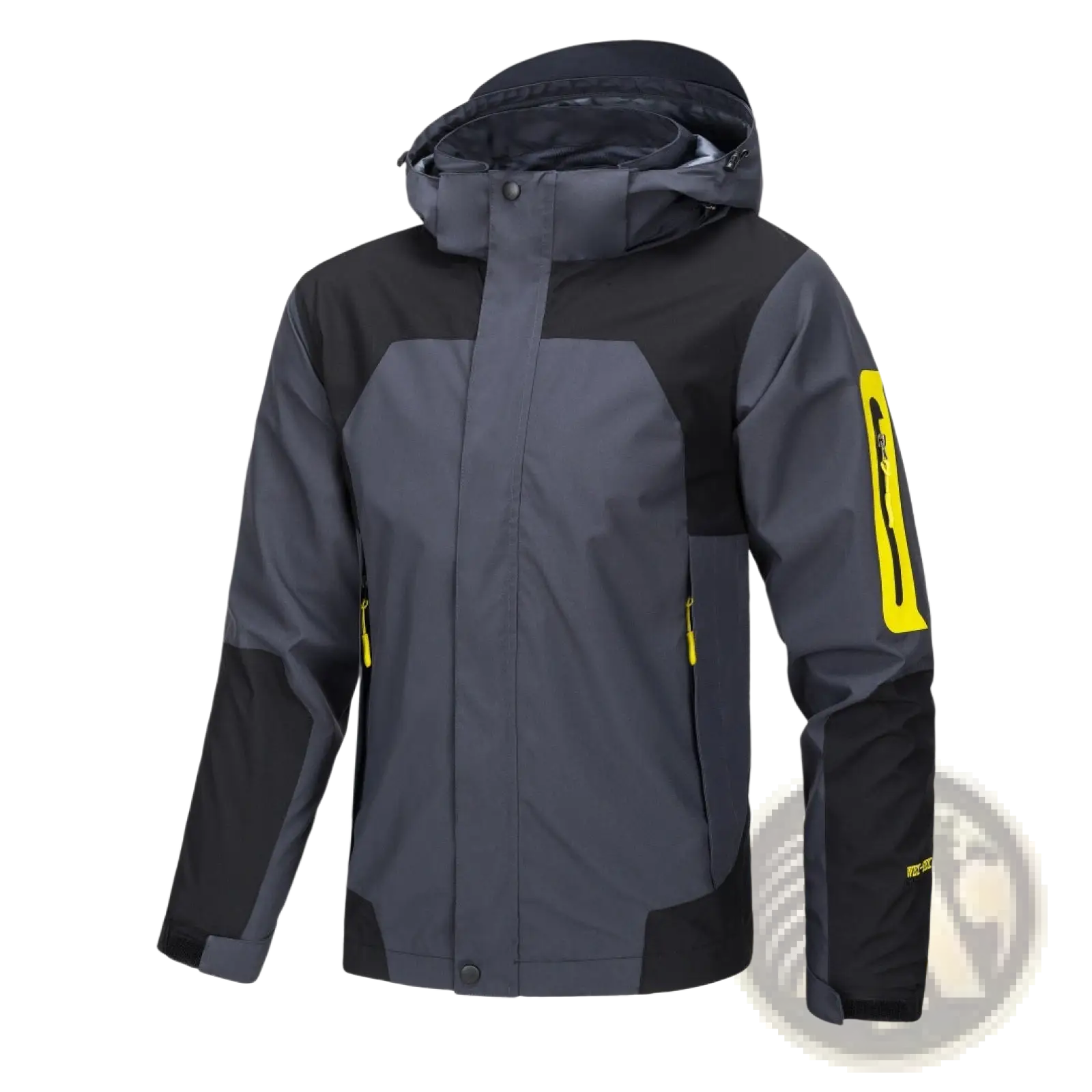 Waterproof hooded outdoor shell jacket for men and women in dark gray and black with bright yellow zipper pulls and sleeve branding