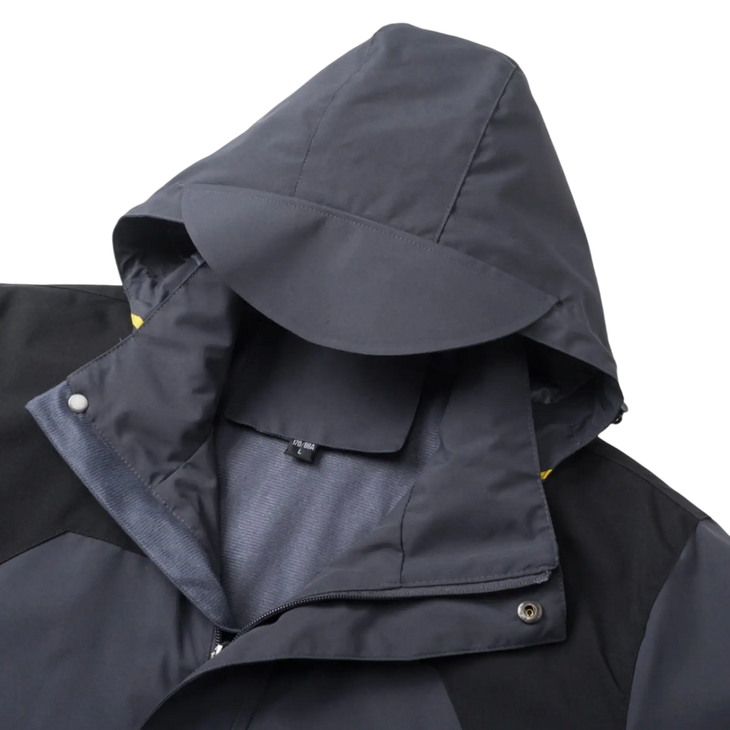 Dark gray waterproof hooded outdoor shell jacket with water-resistant shell black panels and yellow stitching accents