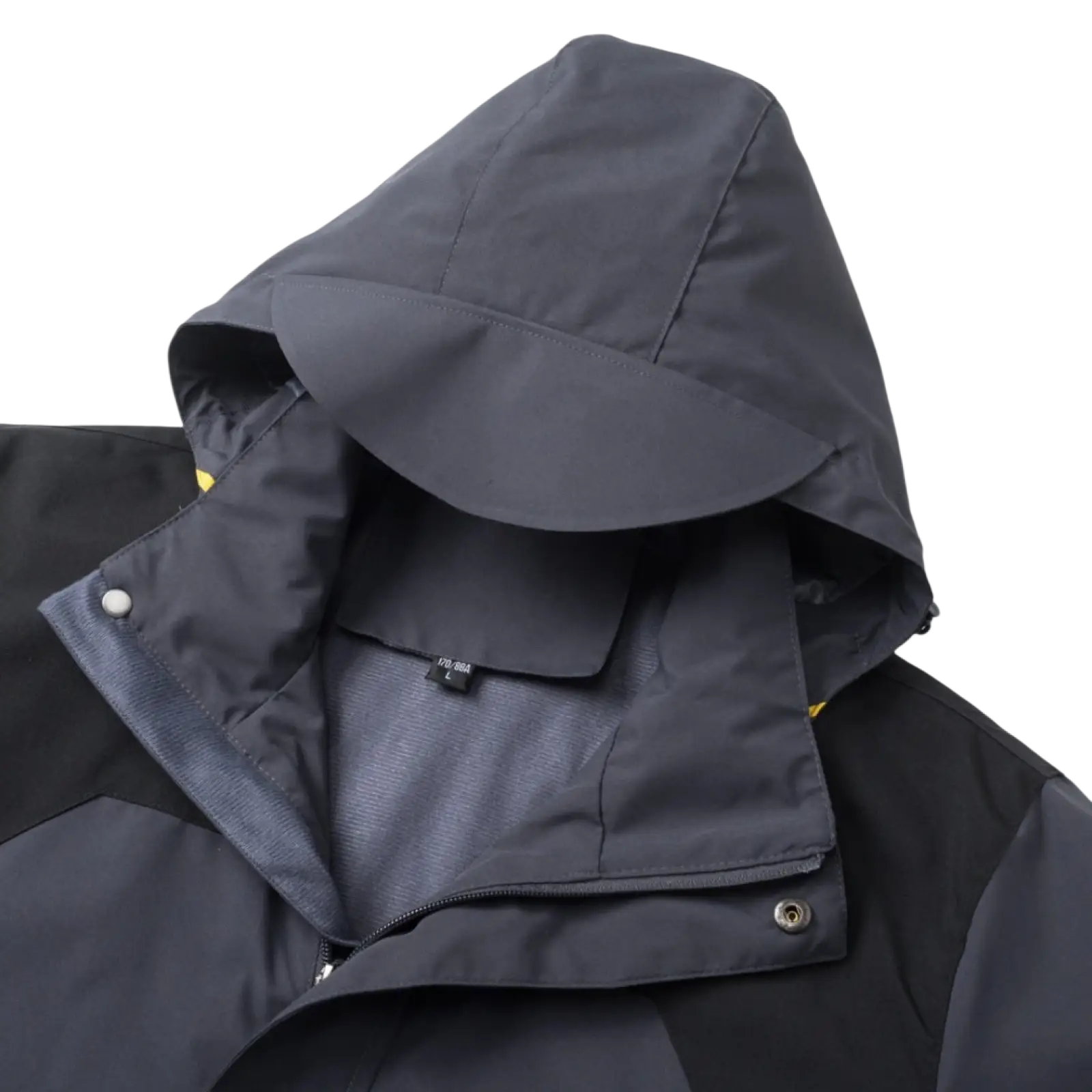 Dark gray waterproof hooded outdoor shell jacket with water-resistant shell black panels and yellow stitching accents