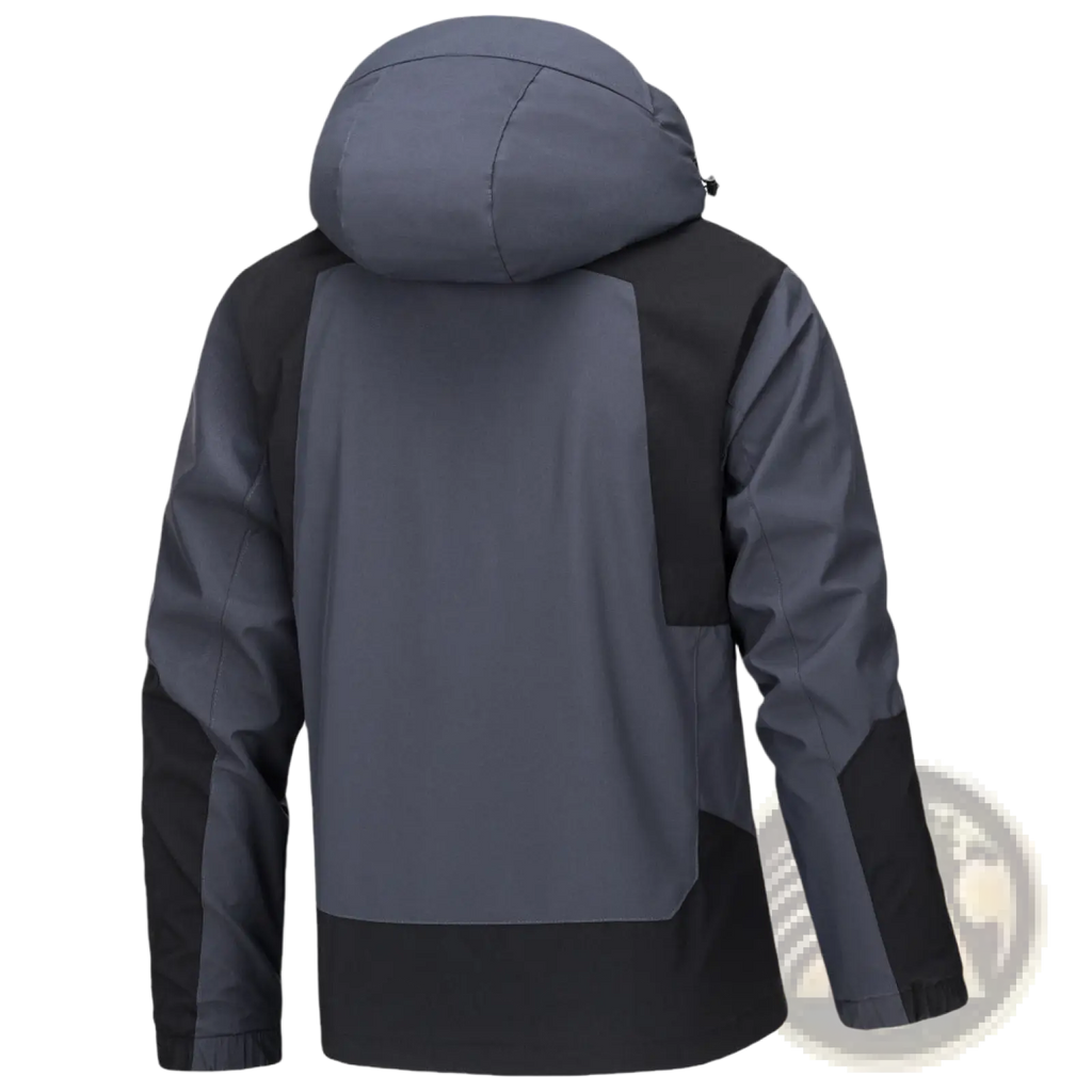 Dark gray and black two-tone waterproof hooded outdoor shell jacket for men and women with detachable hood